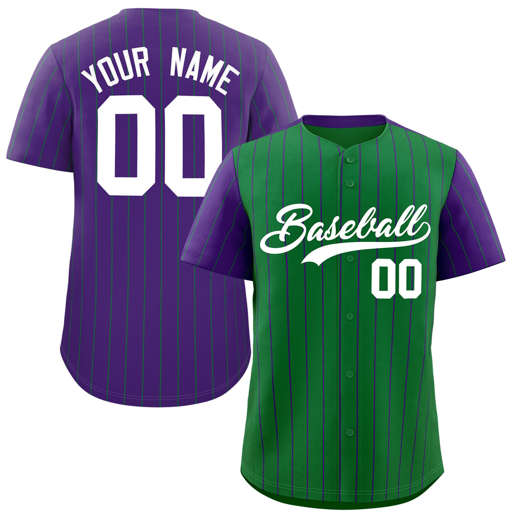 Custom Kelly Green Purple Pinstripe Personalized Raglan Sleeves Authentic Baseball Jersey