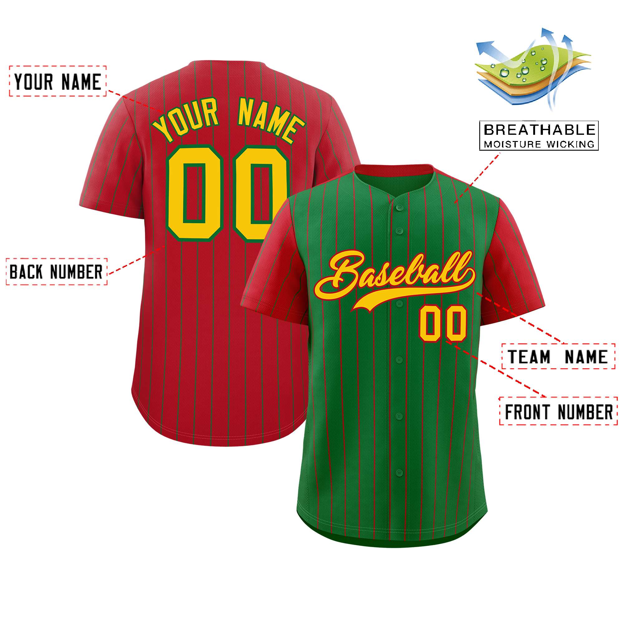 Custom Kelly Green Red Pinstripe Personalized Raglan Sleeves Authentic Baseball Jersey