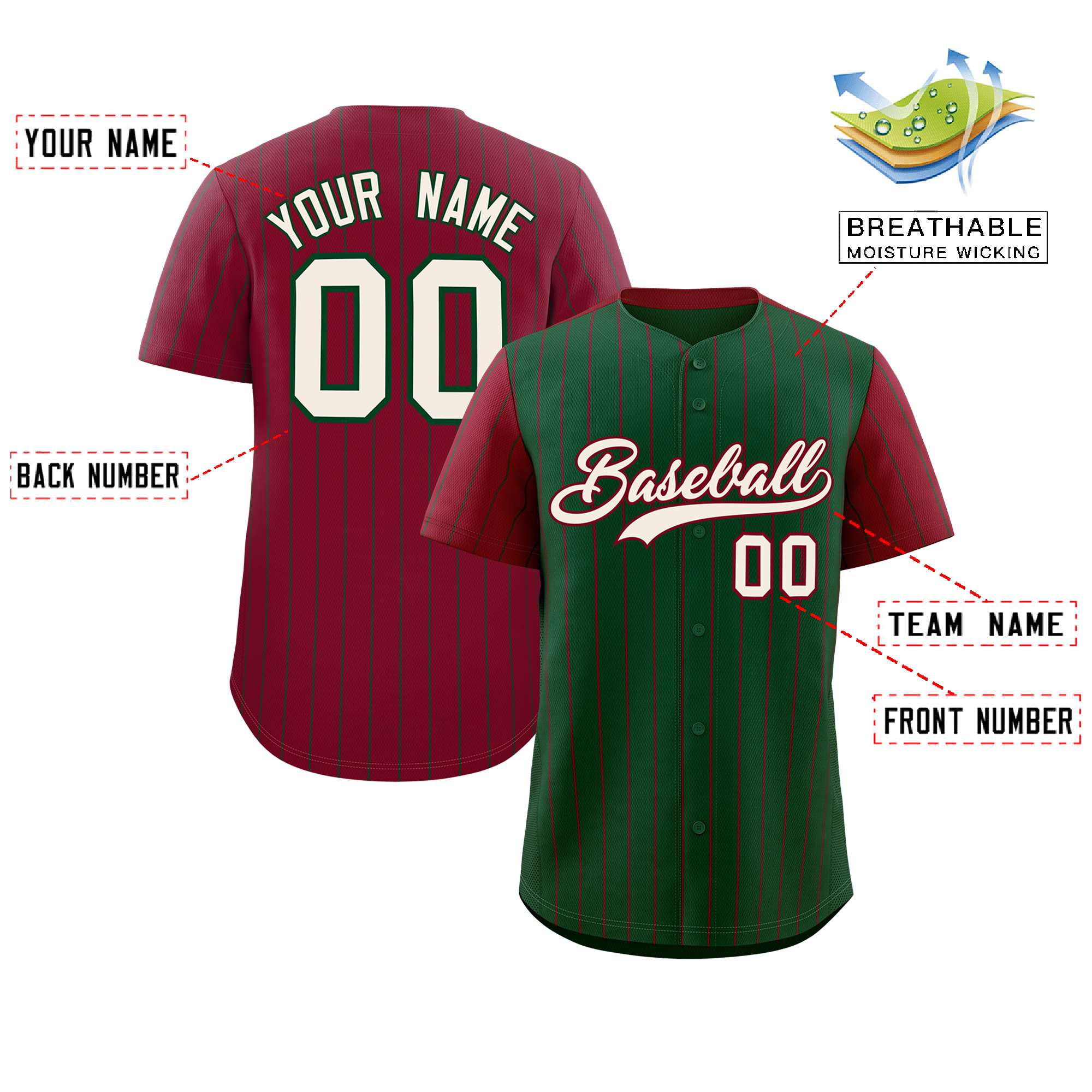 Custom Green Crimson Pinstripe Personalized Raglan Sleeves Authentic Baseball Jersey