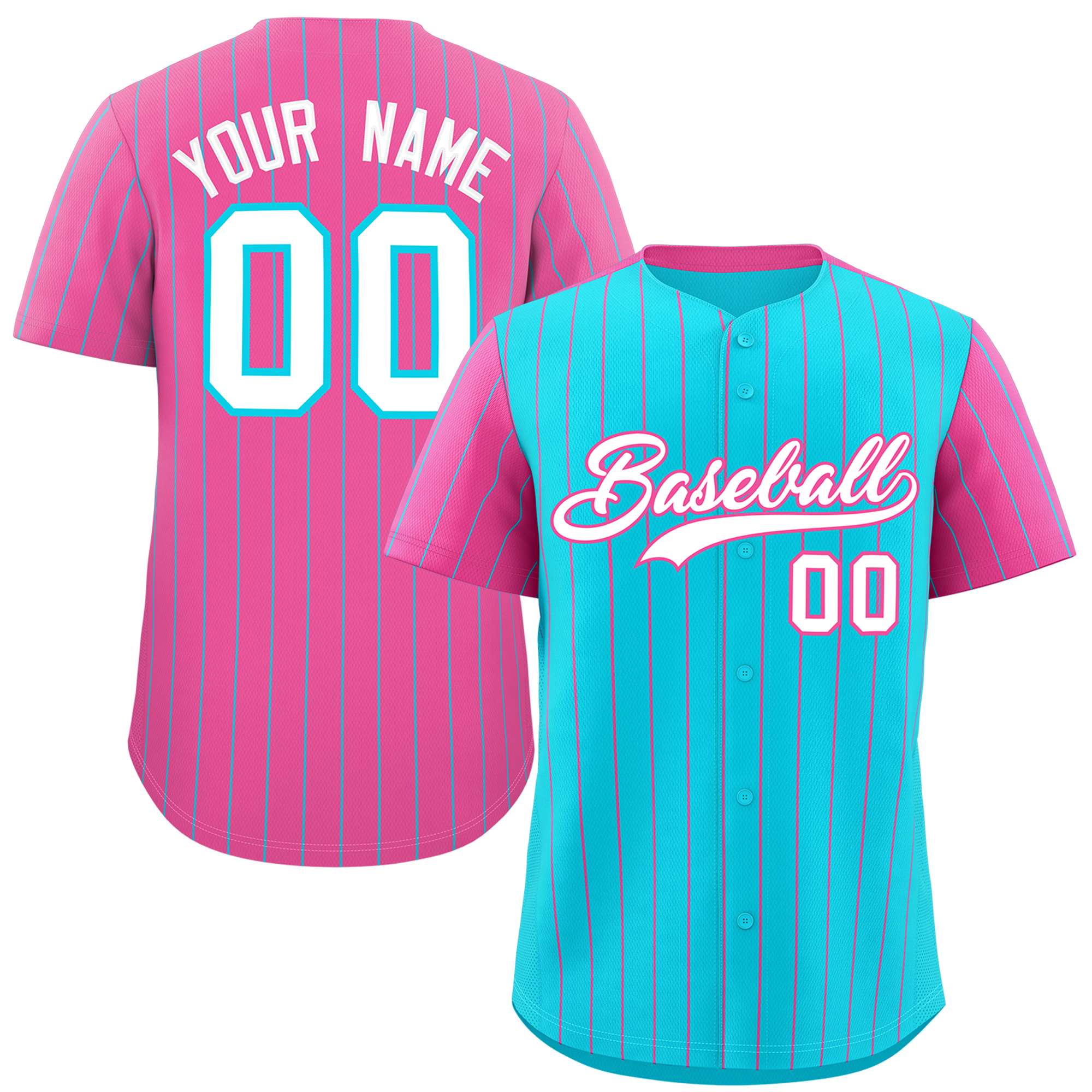 Custom Sky Blue Pink Pinstripe Personalized Raglan Sleeves Authentic Baseball Jersey