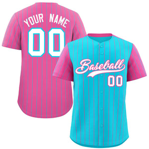 Custom Sky Blue Pink Pinstripe Personalized Raglan Sleeves Authentic Baseball Jersey