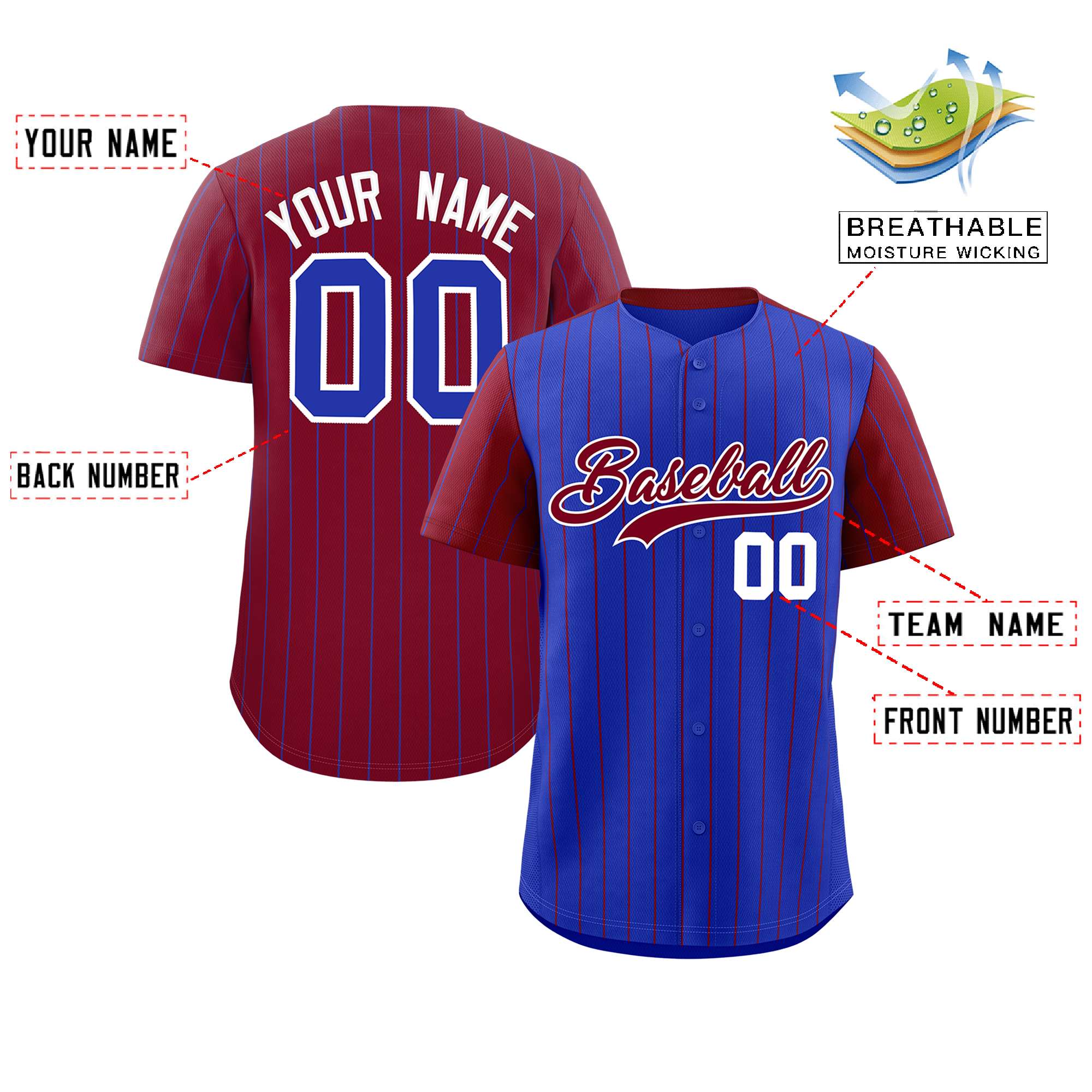 Custom Royal Crimson Pinstripe Personalized Raglan Sleeves Authentic Baseball Jersey