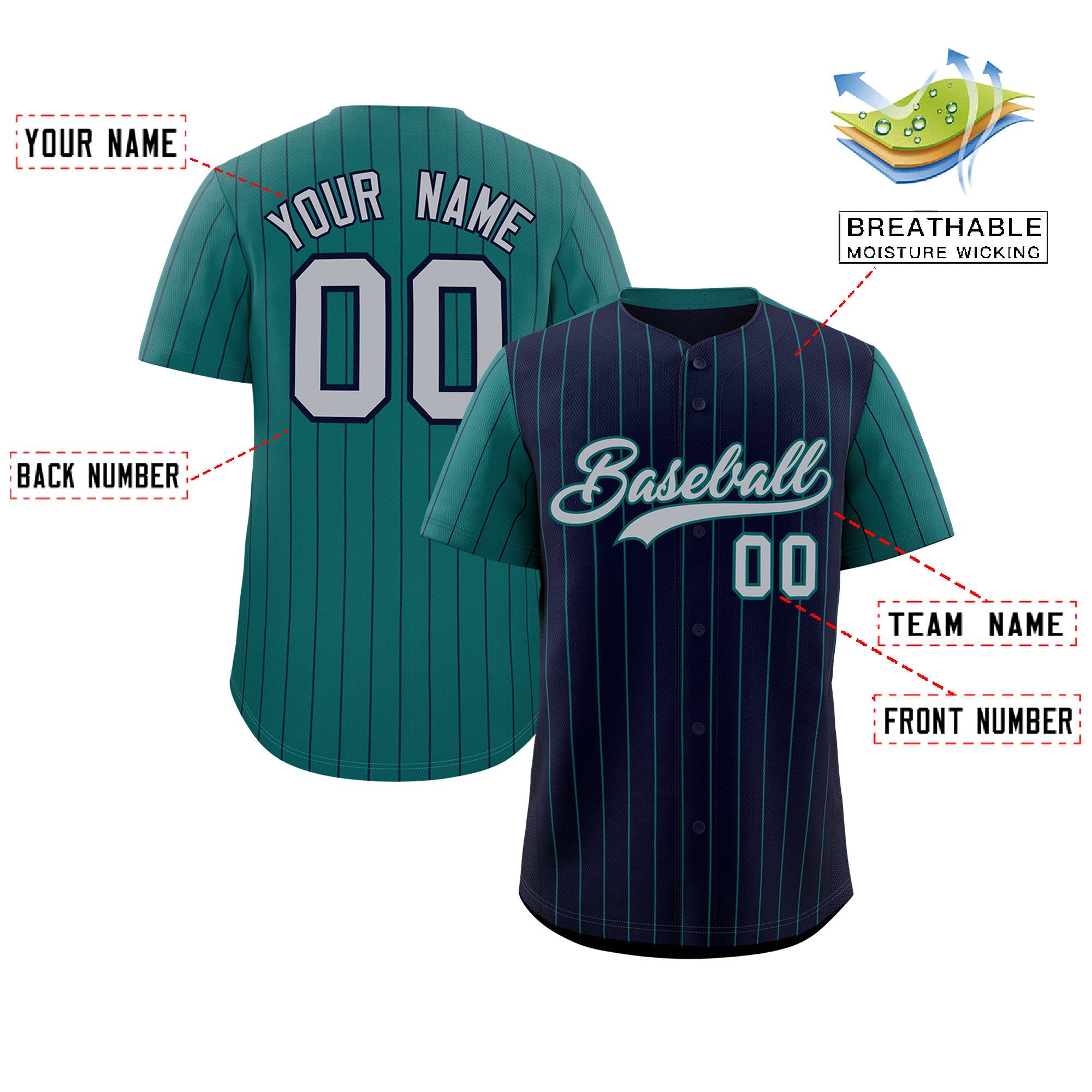 Custom Navy Midnight Green Pinstripe Personalized Raglan Sleeves Authentic Baseball Jersey