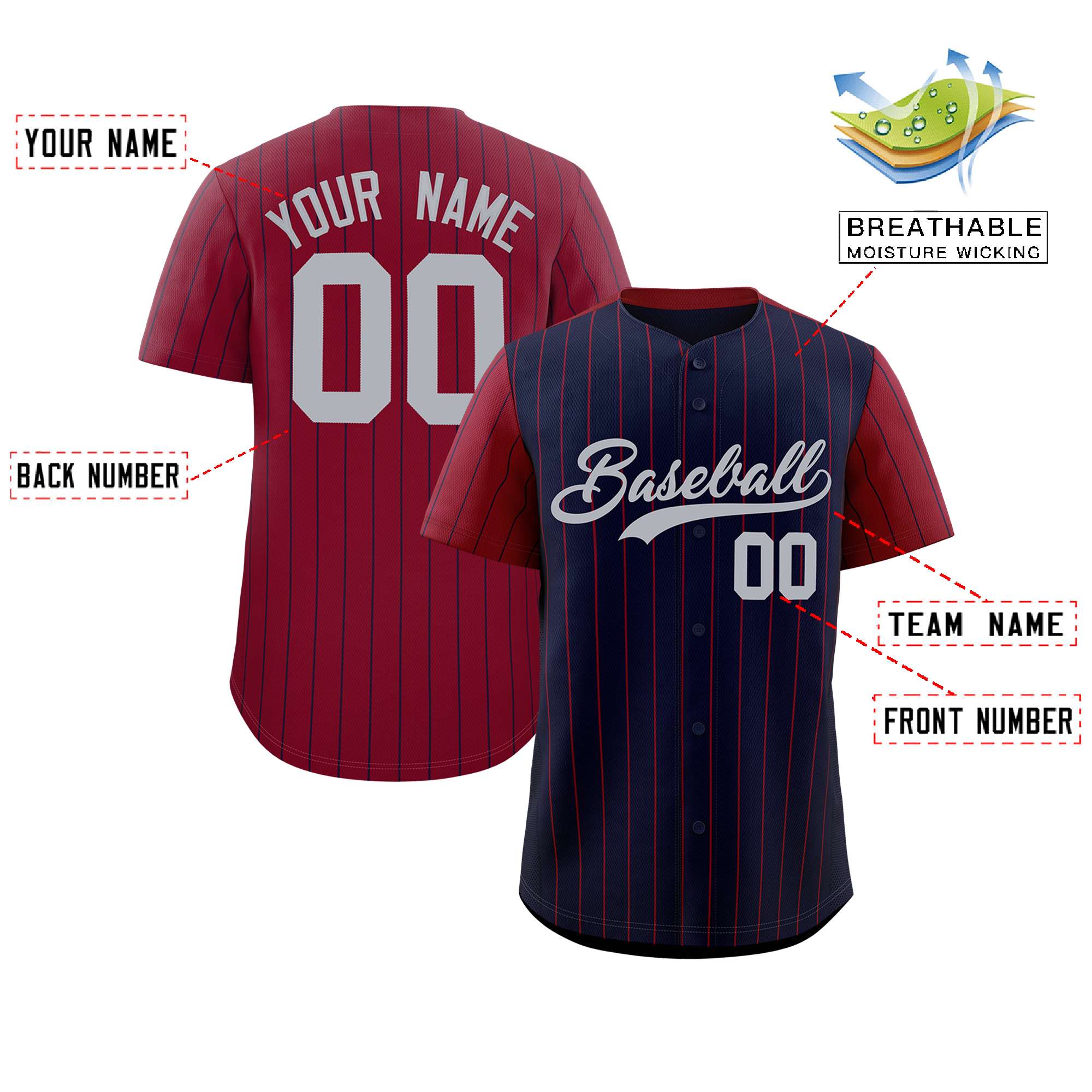 Custom Navy Crimson Pinstripe Personalized Raglan Sleeves Authentic Baseball Jersey