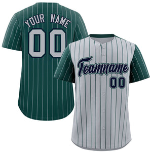 Custom Gray Midnight Green Pinstripe Personalized Raglan Sleeves Authentic Baseball Jersey