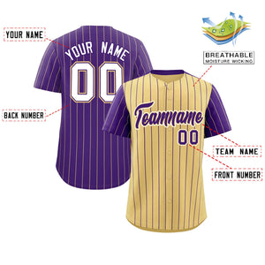 Custom Khaki Purple Pinstripe Personalized Raglan Sleeves Authentic Baseball Jersey