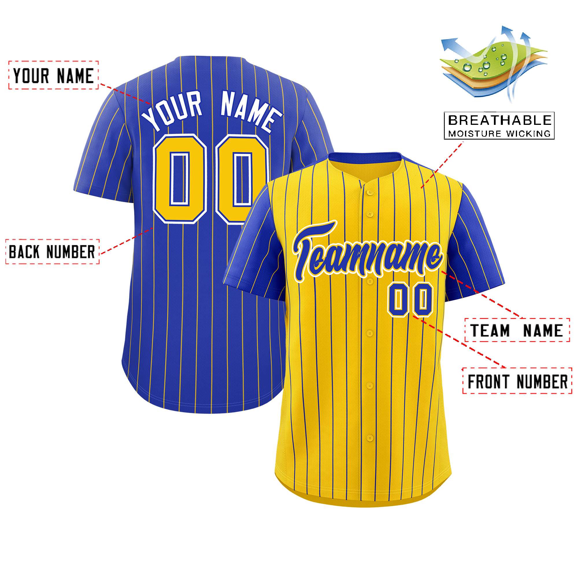 Custom Gold Royal Pinstripe Personalized Raglan Sleeves Authentic Baseball Jersey