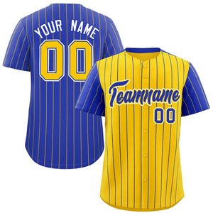 Custom Gold Royal Pinstripe Personalized Raglan Sleeves Authentic Baseball Jersey