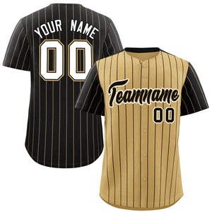 Custom Old Gold Black Pinstripe Personalized Raglan Sleeves Authentic Baseball Jersey