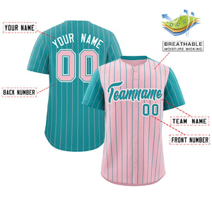 Custom Light Pink Aqua Pinstripe Personalized Raglan Sleeves Authentic Baseball Jersey