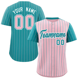 Custom Light Pink Aqua Pinstripe Personalized Raglan Sleeves Authentic Baseball Jersey