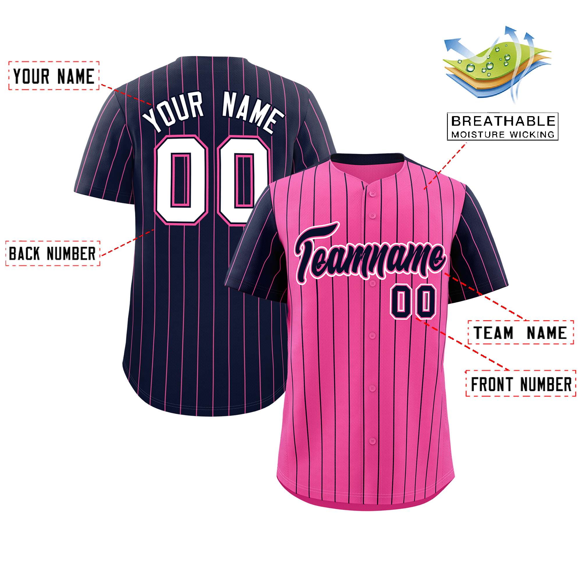 Custom Pink Navy Pinstripe Personalized Raglan Sleeves Authentic Baseball Jersey