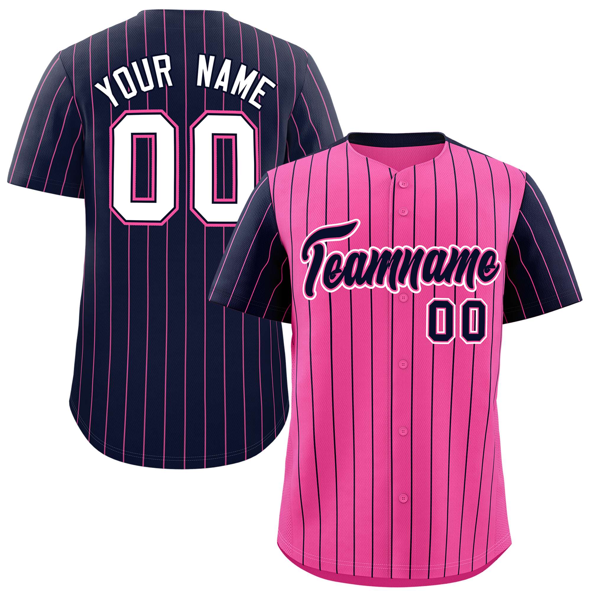 Custom Pink Navy Pinstripe Personalized Raglan Sleeves Authentic Baseball Jersey