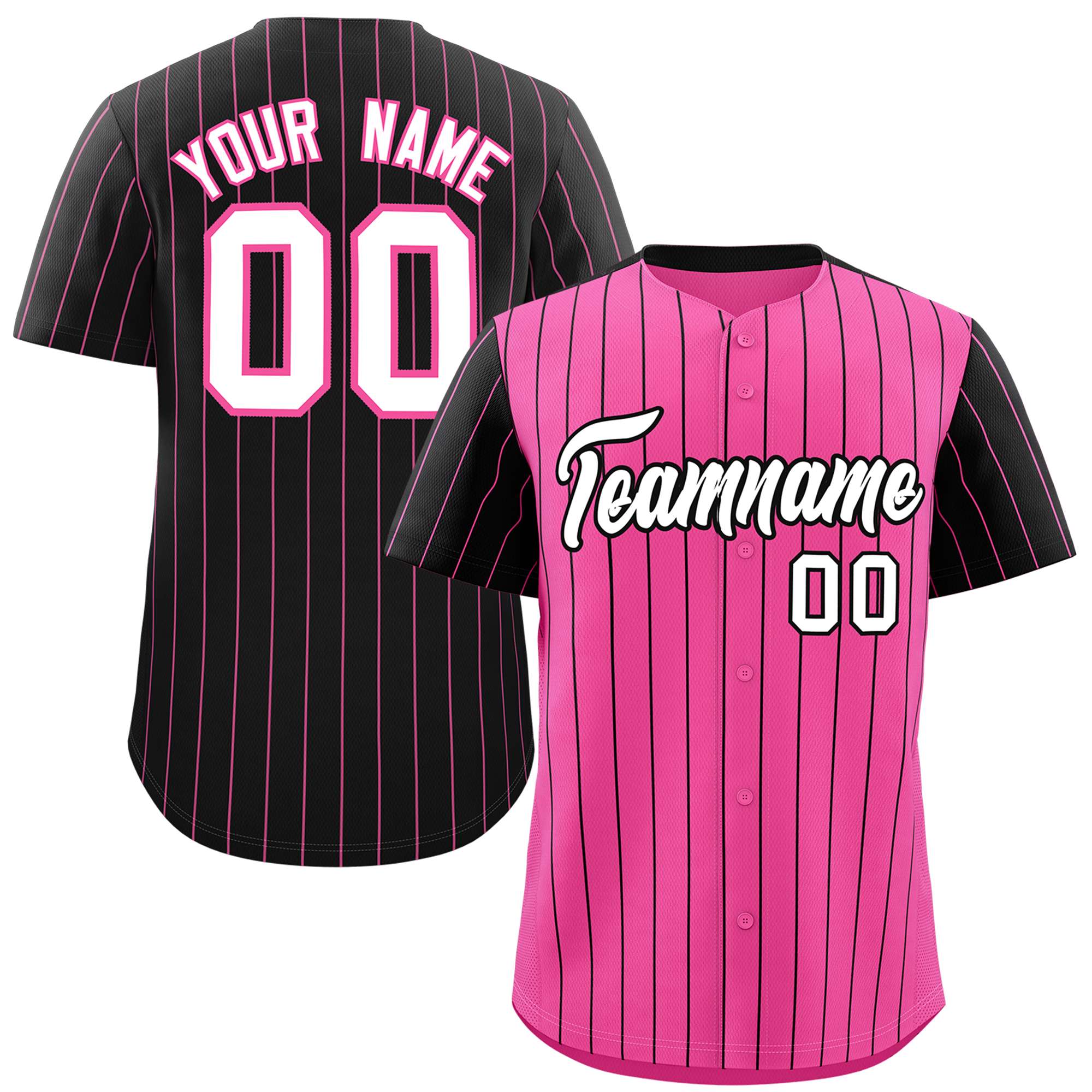 Custom Pink Black Pinstripe Personalized Raglan Sleeves Authentic Baseball Jersey