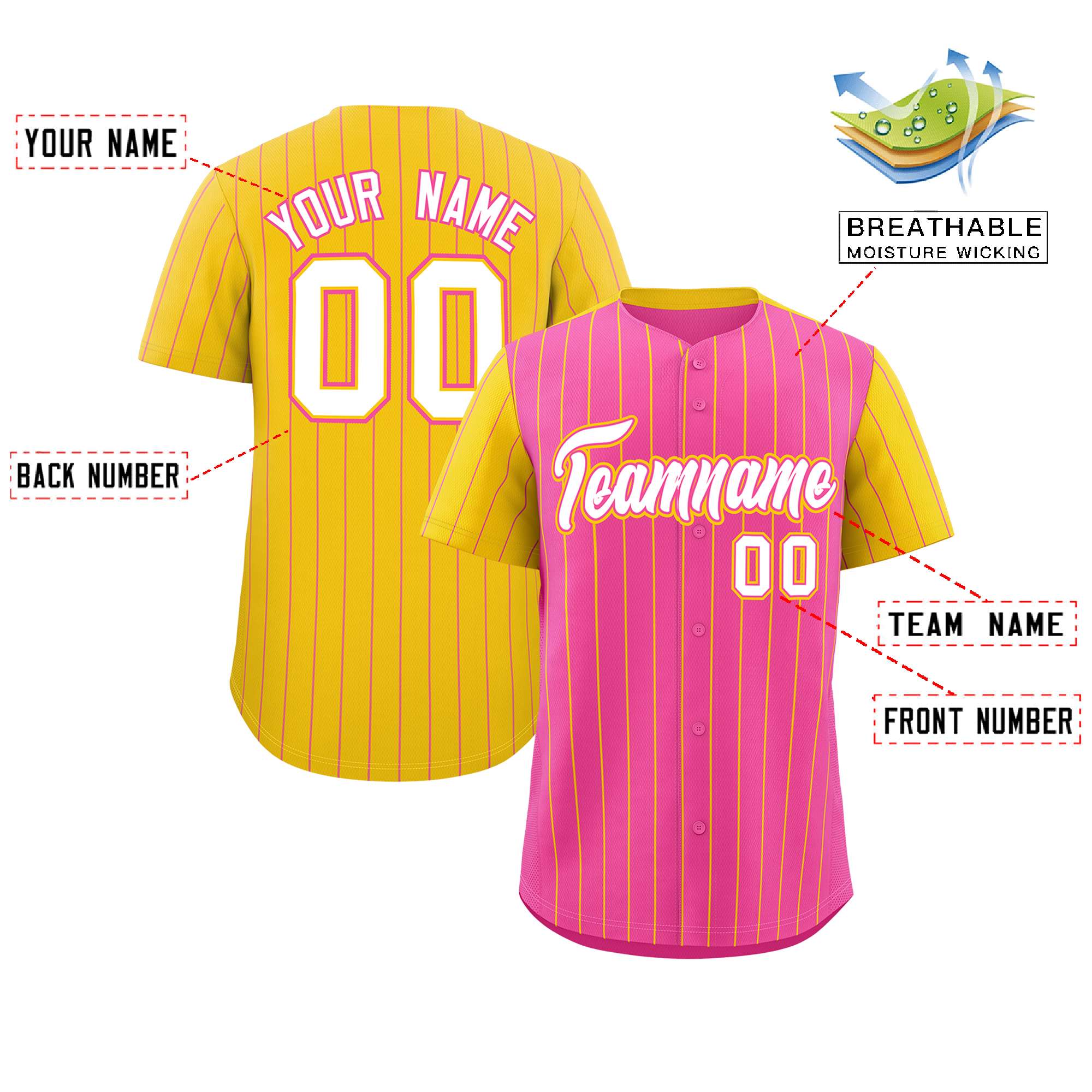 Custom Pink Gold Pinstripe Personalized Raglan Sleeves Authentic Baseball Jersey