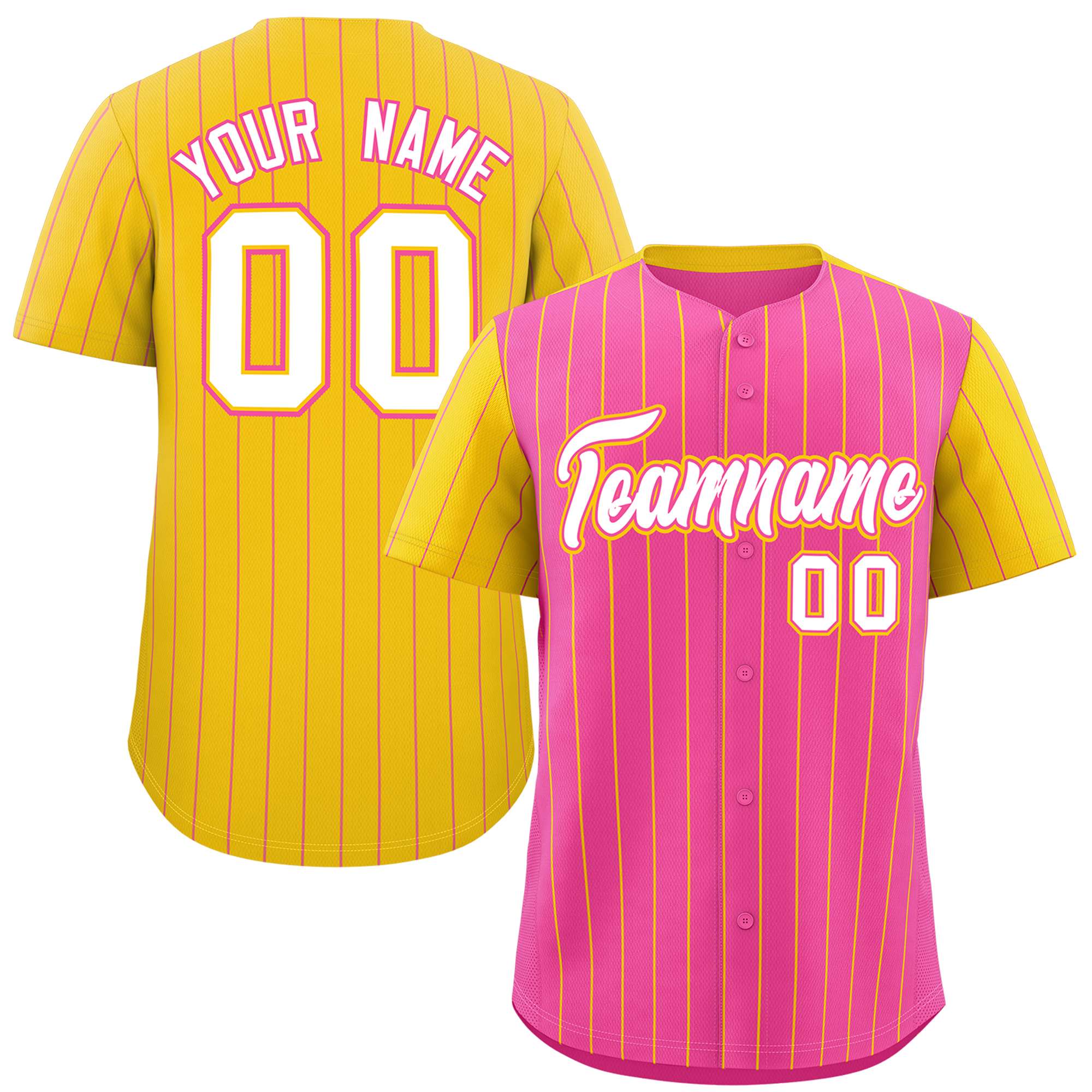 Custom Pink Gold Pinstripe Personalized Raglan Sleeves Authentic Baseball Jersey