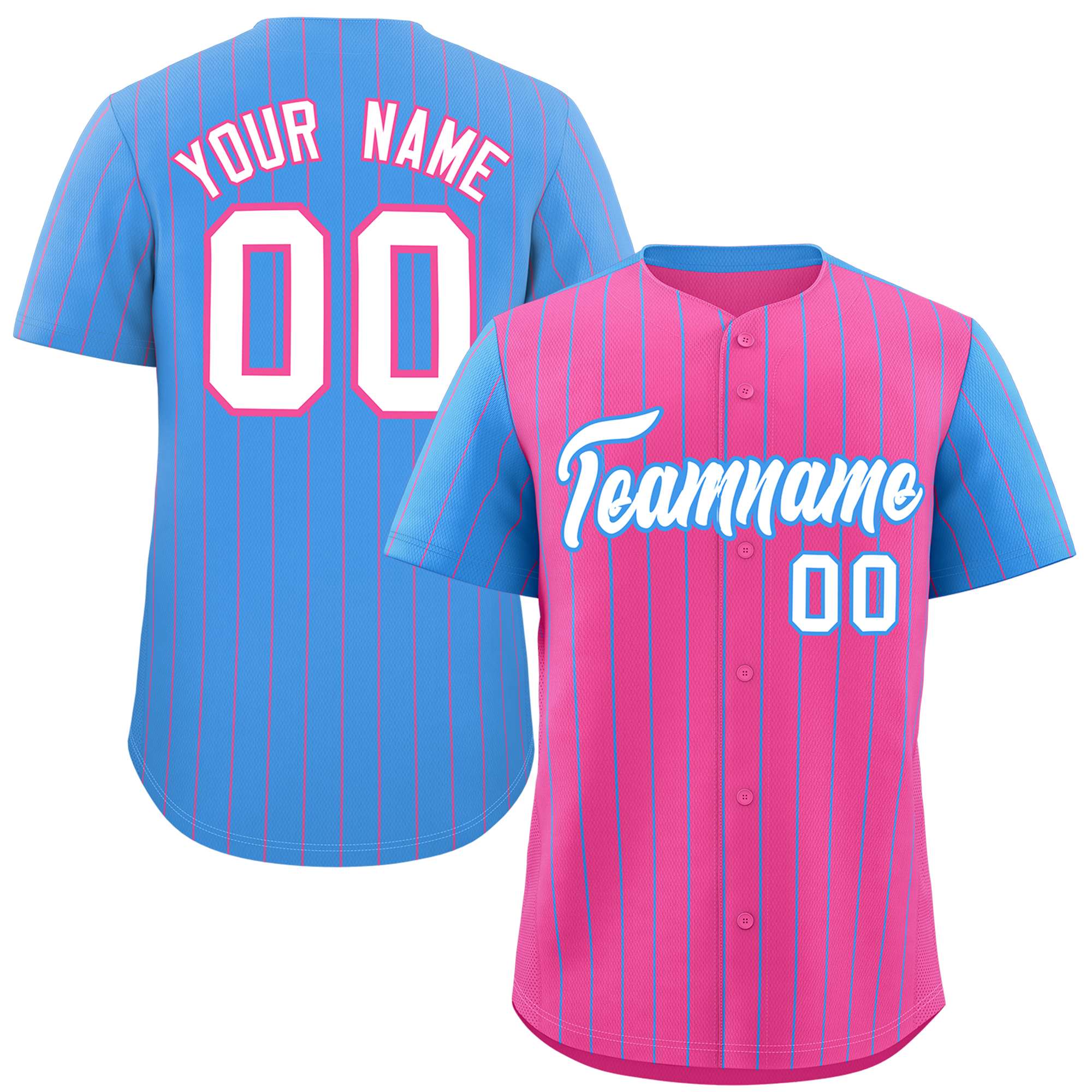 Custom Pink Powder Blue Pinstripe Personalized Raglan Sleeves Authentic Baseball Jersey