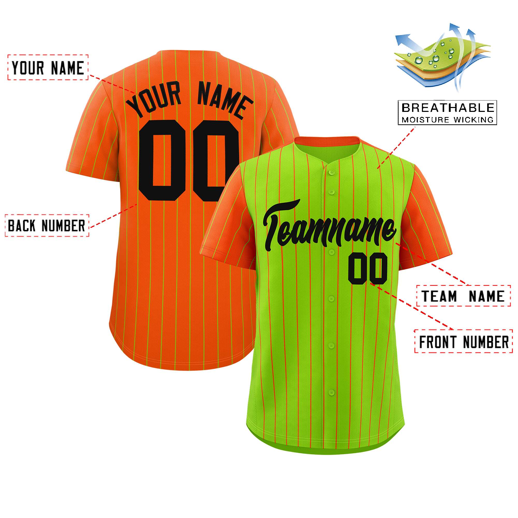 Custom Neon Green Orange Pinstripe Personalized Raglan Sleeves Authentic Baseball Jersey