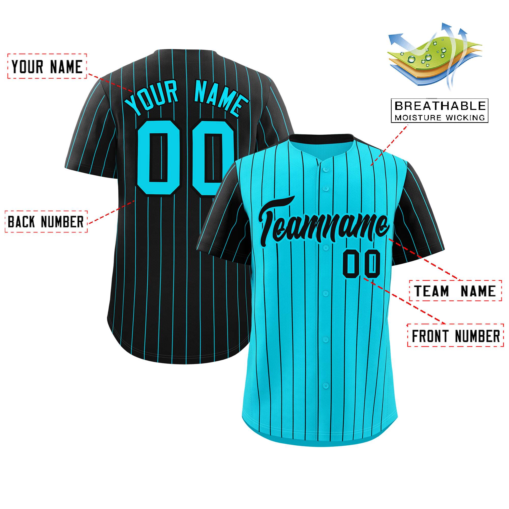 Custom Sky Blue Black Pinstripe Personalized Raglan Sleeves Authentic Baseball Jersey