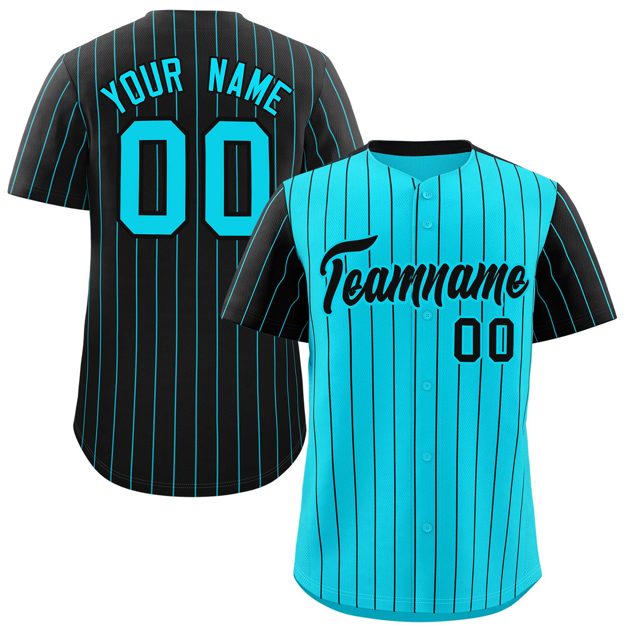 Custom Sky Blue Black Pinstripe Personalized Raglan Sleeves Authentic Baseball Jersey