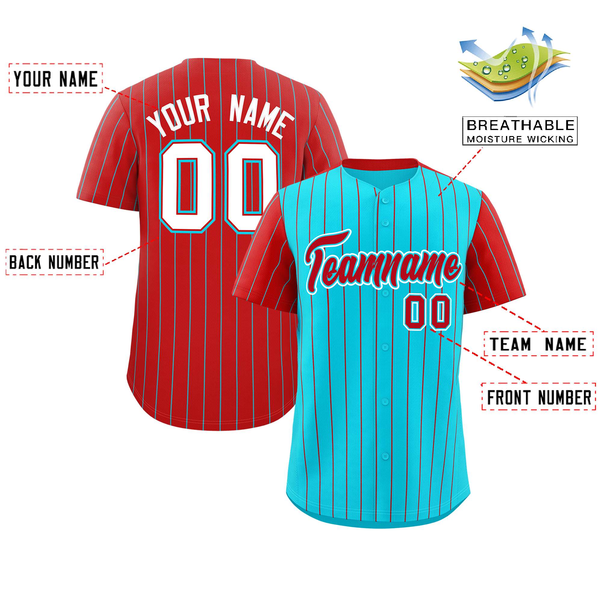 Custom Sky Blue Red Pinstripe Personalized Raglan Sleeves Authentic Baseball Jersey