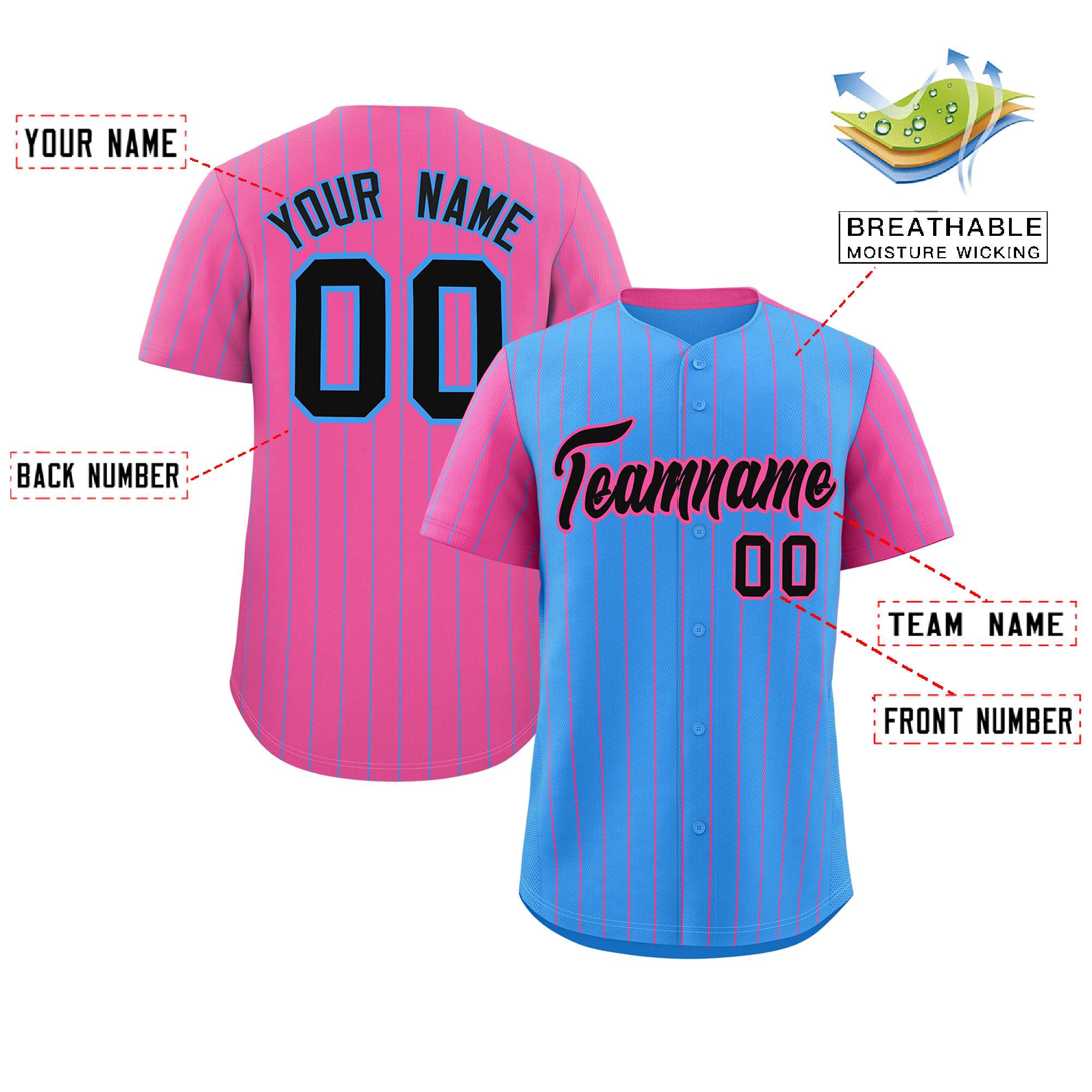 Custom Powder Blue Pink Pinstripe Personalized Raglan Sleeves Authentic Baseball Jersey