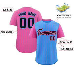 Custom Powder Blue Pink Pinstripe Personalized Raglan Sleeves Authentic Baseball Jersey