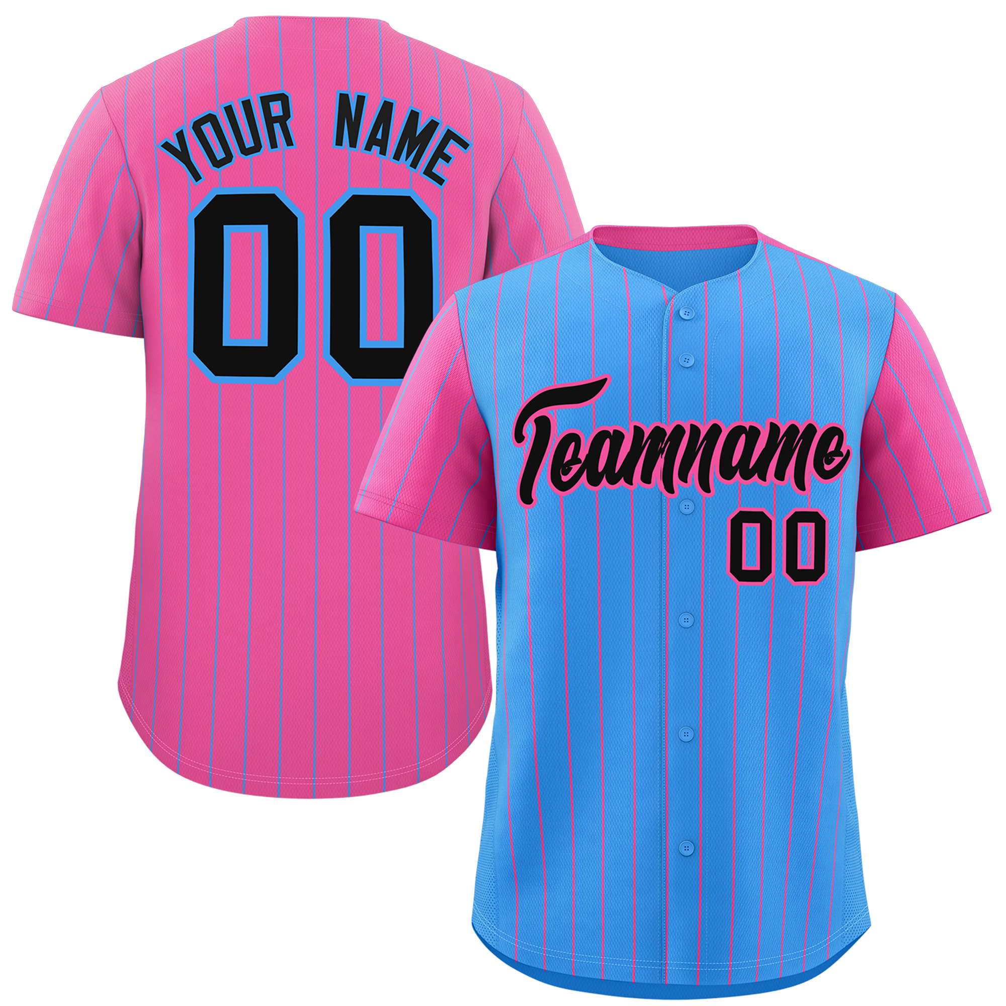 Custom Powder Blue Pink Pinstripe Personalized Raglan Sleeves Authentic Baseball Jersey