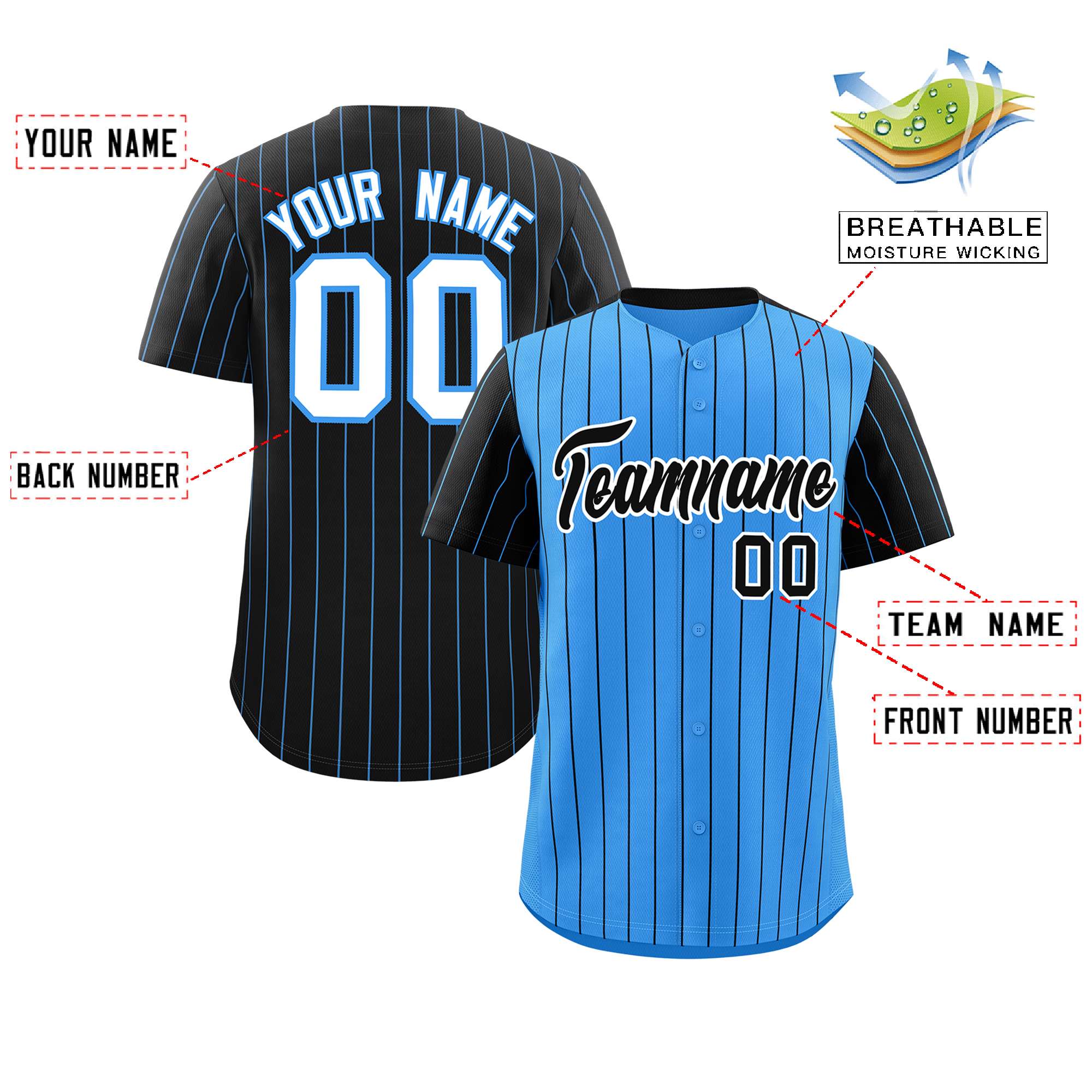 Custom Powder Blue Black Pinstripe Personalized Raglan Sleeves Authentic Baseball Jersey