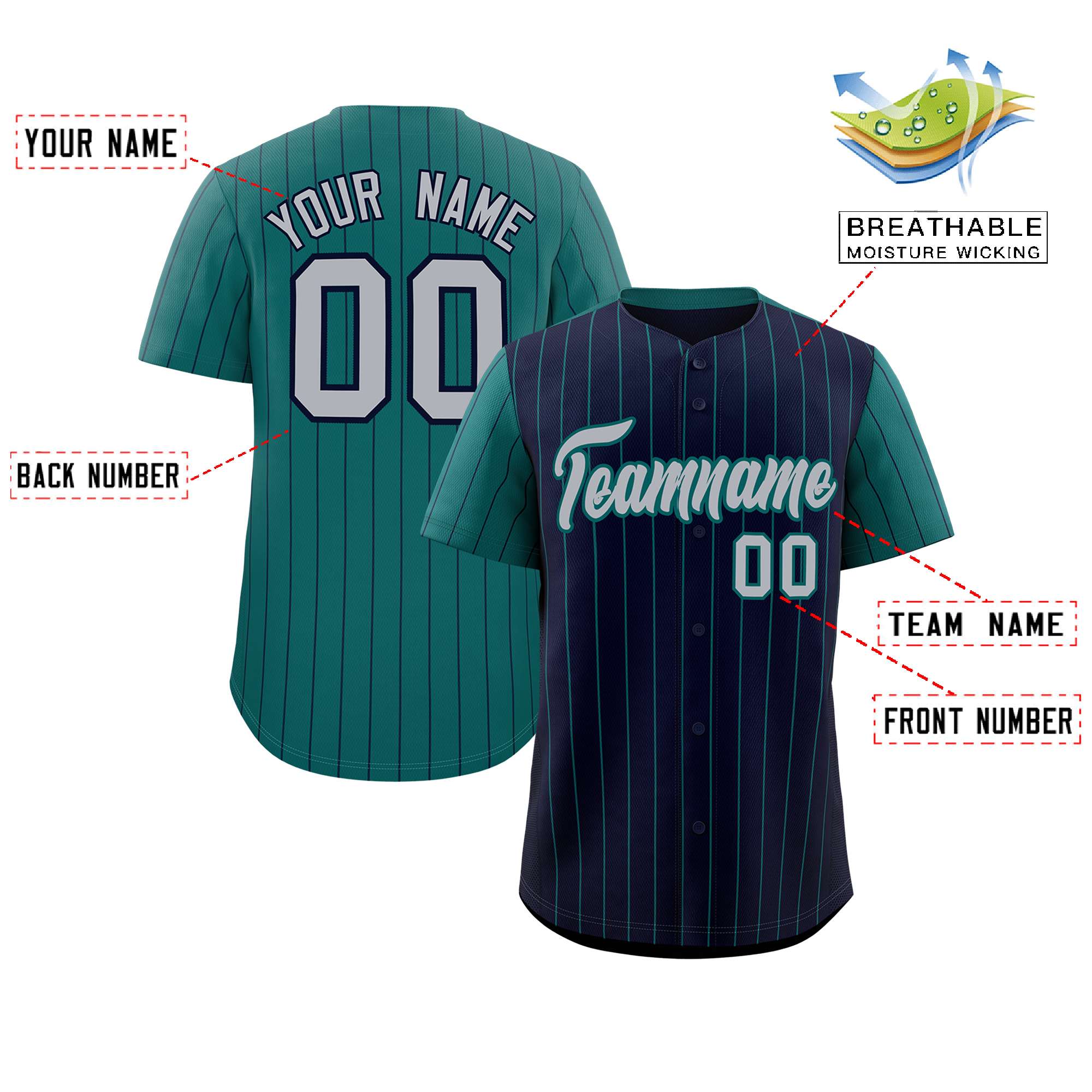 Custom Navy Midnight Green Pinstripe Personalized Raglan Sleeves Authentic Baseball Jersey