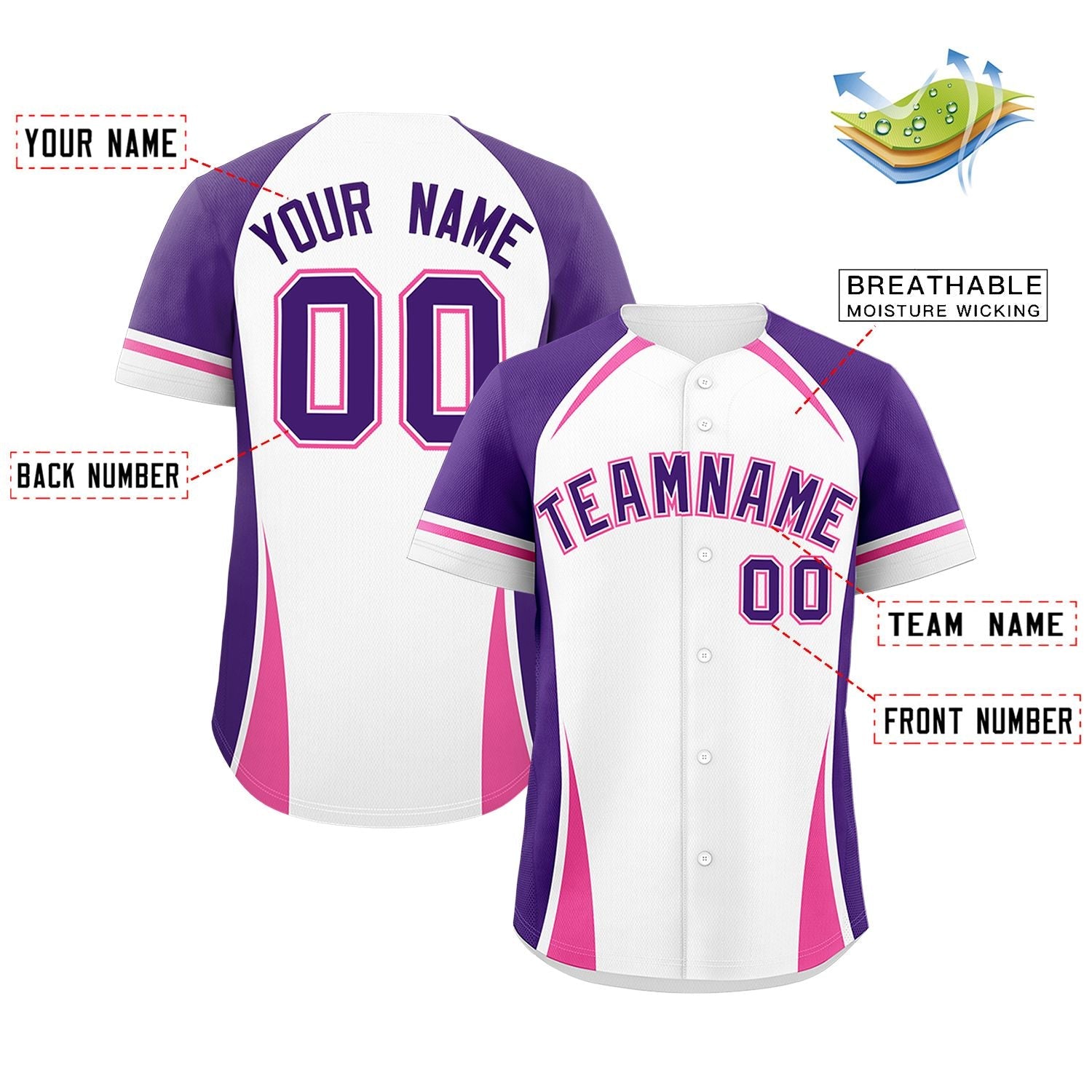 Custom White Purple-Pink Personalized Color Block Authentic Baseball Jersey