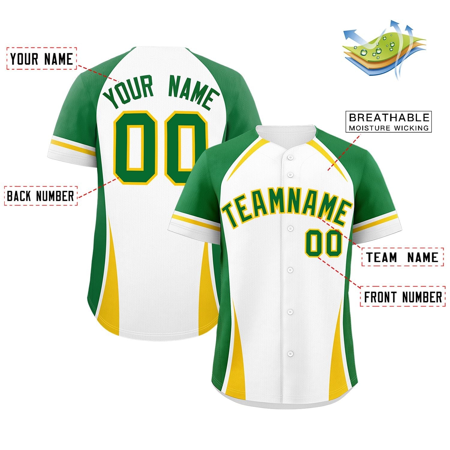 Custom White Kelly Green-Gold Personalized Color Block Authentic Baseball Jersey