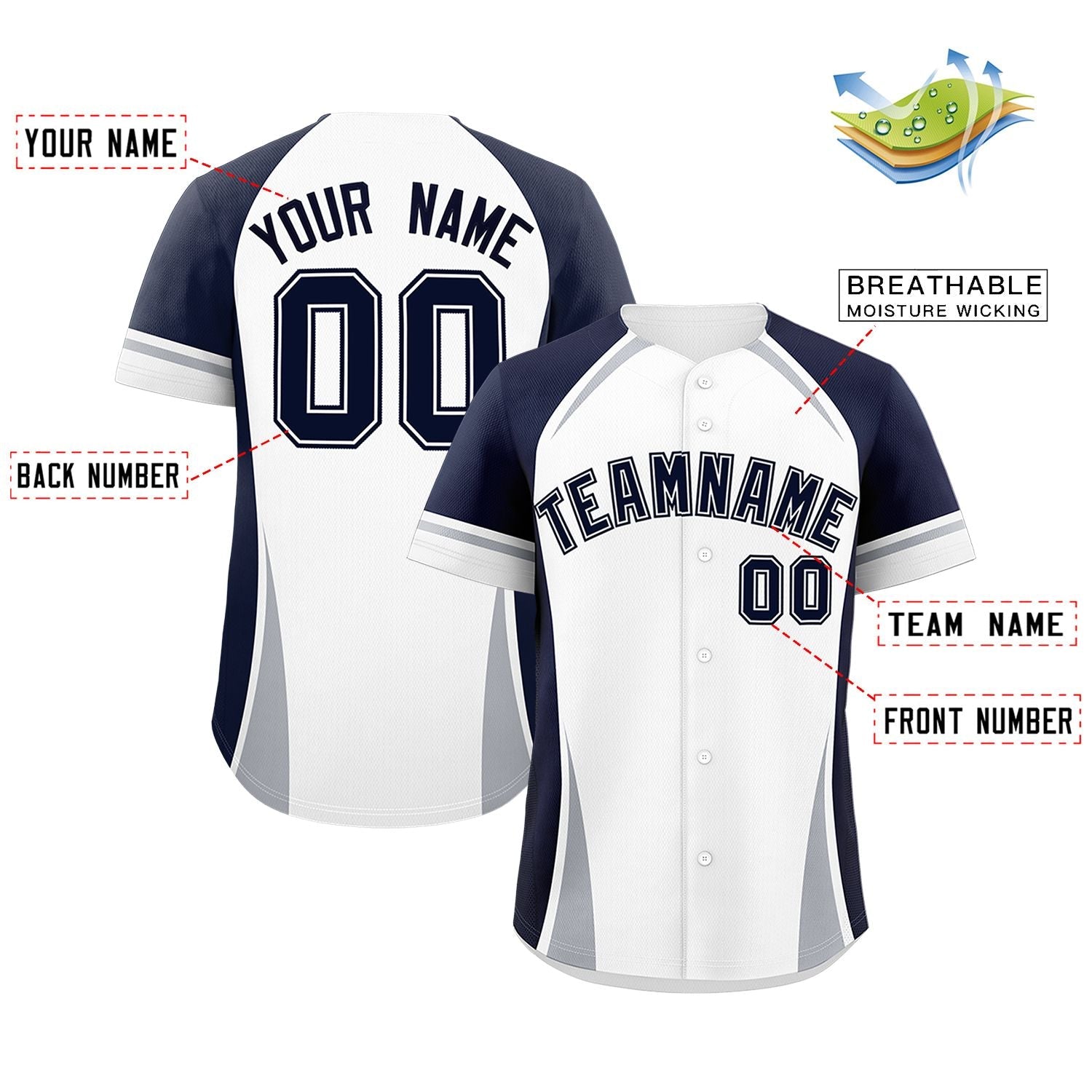 Custom White Navy-Gray Personalized Color Block Authentic Baseball Jersey