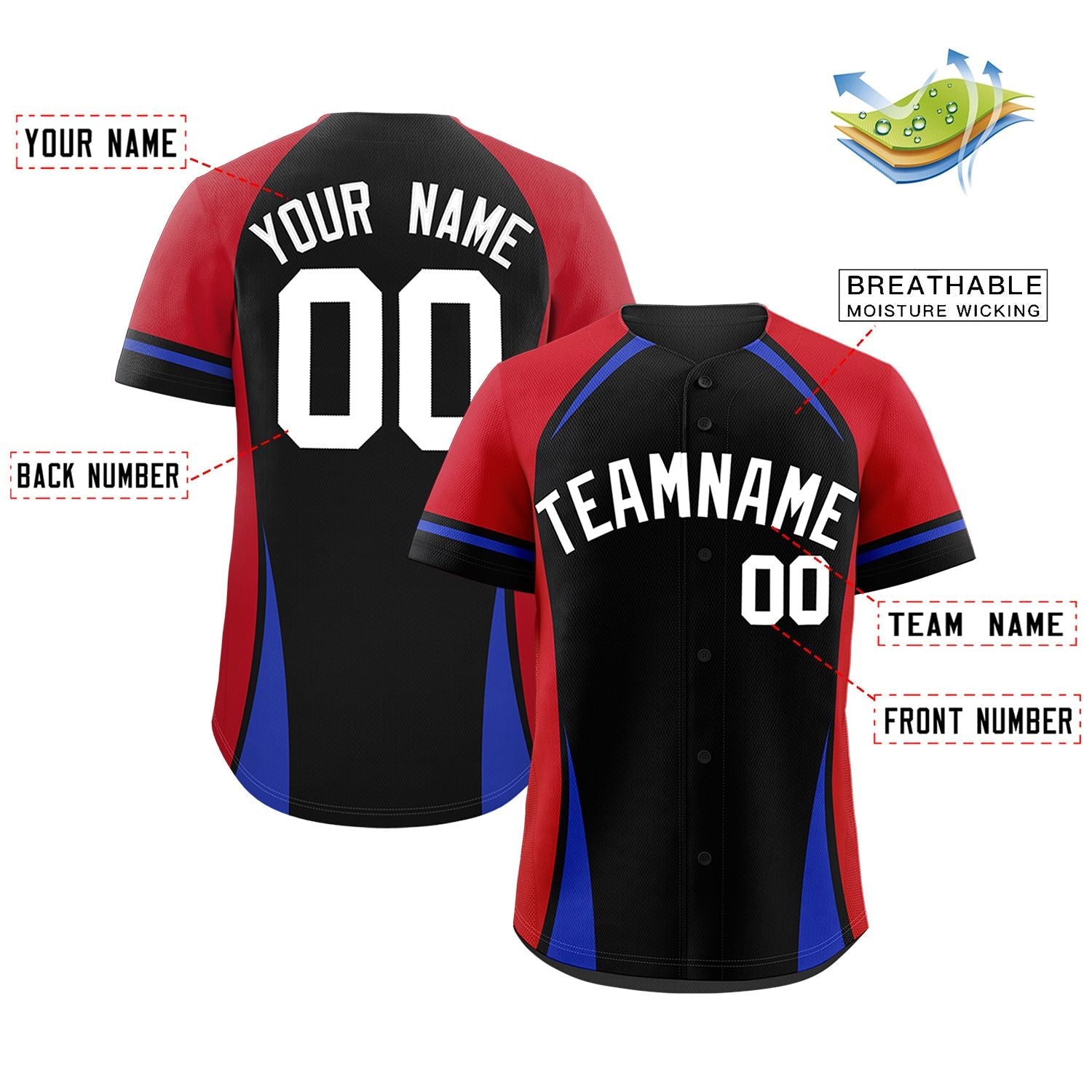 Custom Black Red-Royal Personalized Color Block Authentic Baseball Jersey