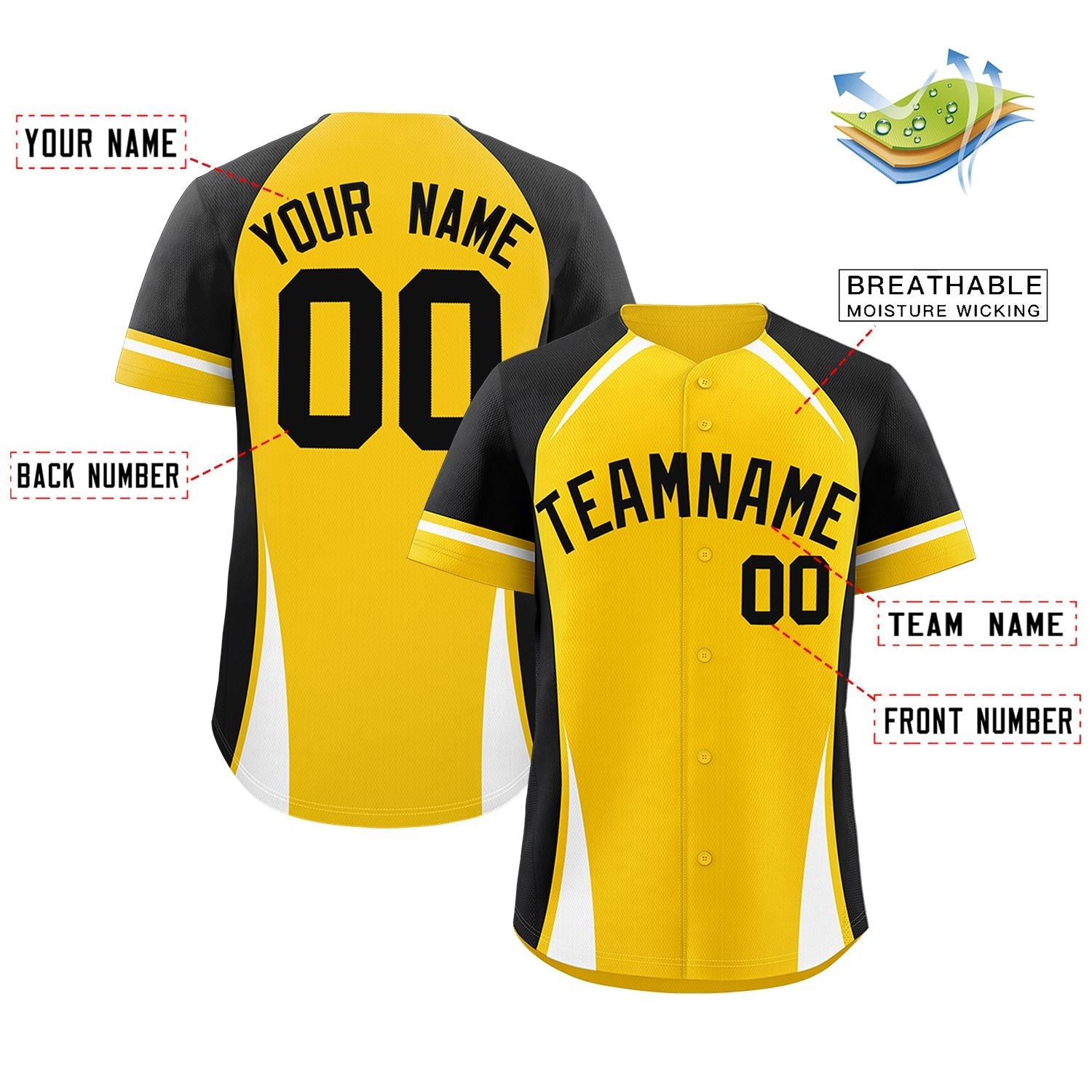 Custom Gold Black-White Personalized Color Block Authentic Baseball Jersey