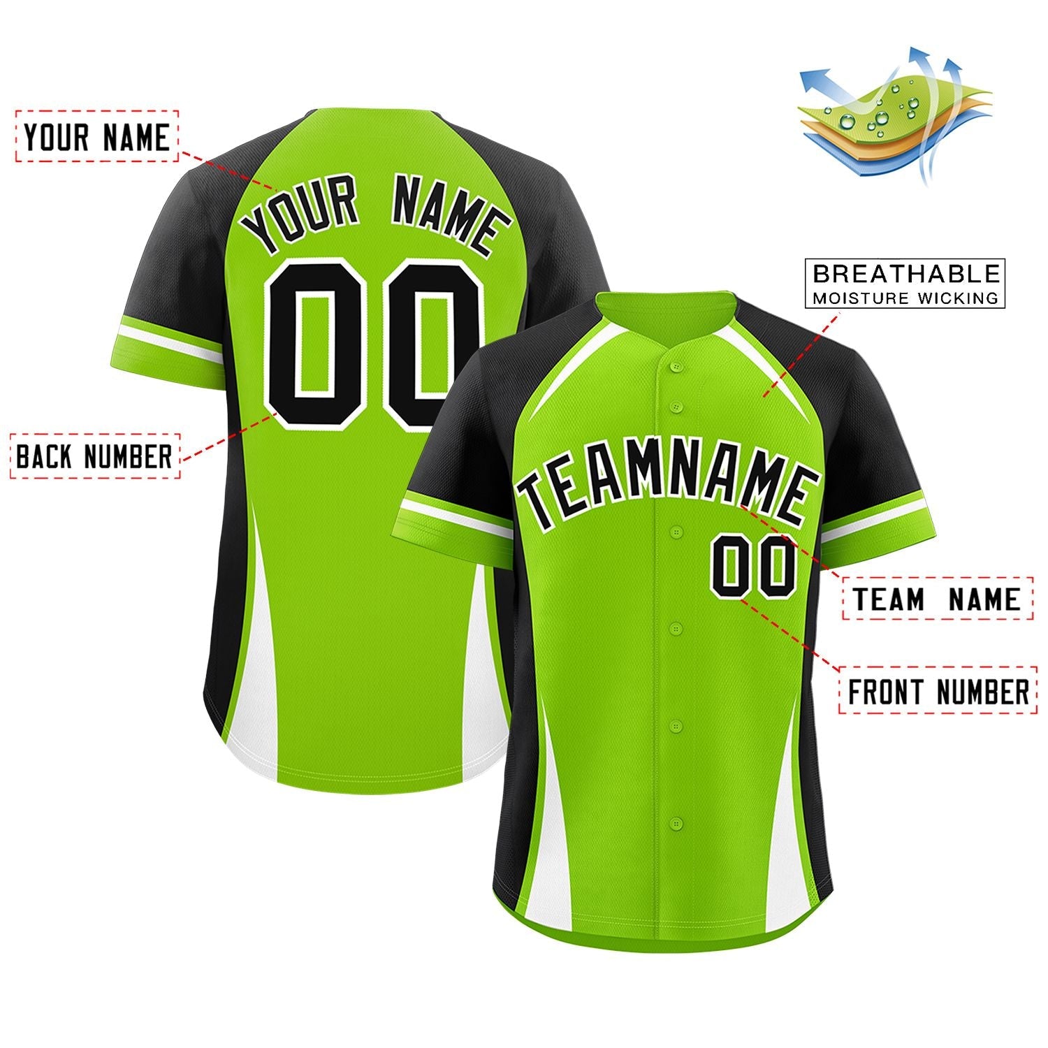 Custom Neon Green Black-White Personalized Color Block Authentic Baseball Jersey