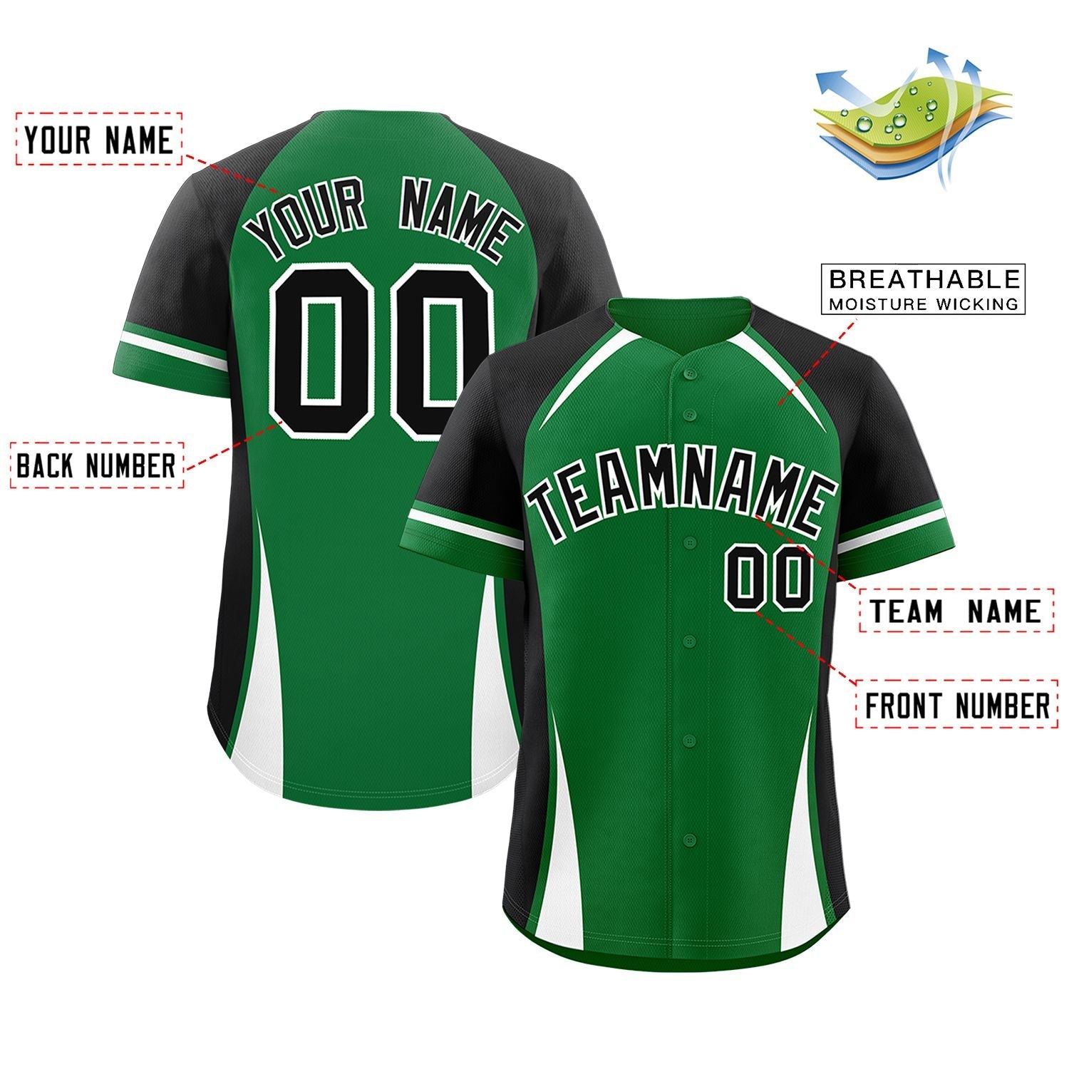 Custom Kelly Green Black-White Personalized Color Block Authentic Baseball Jersey