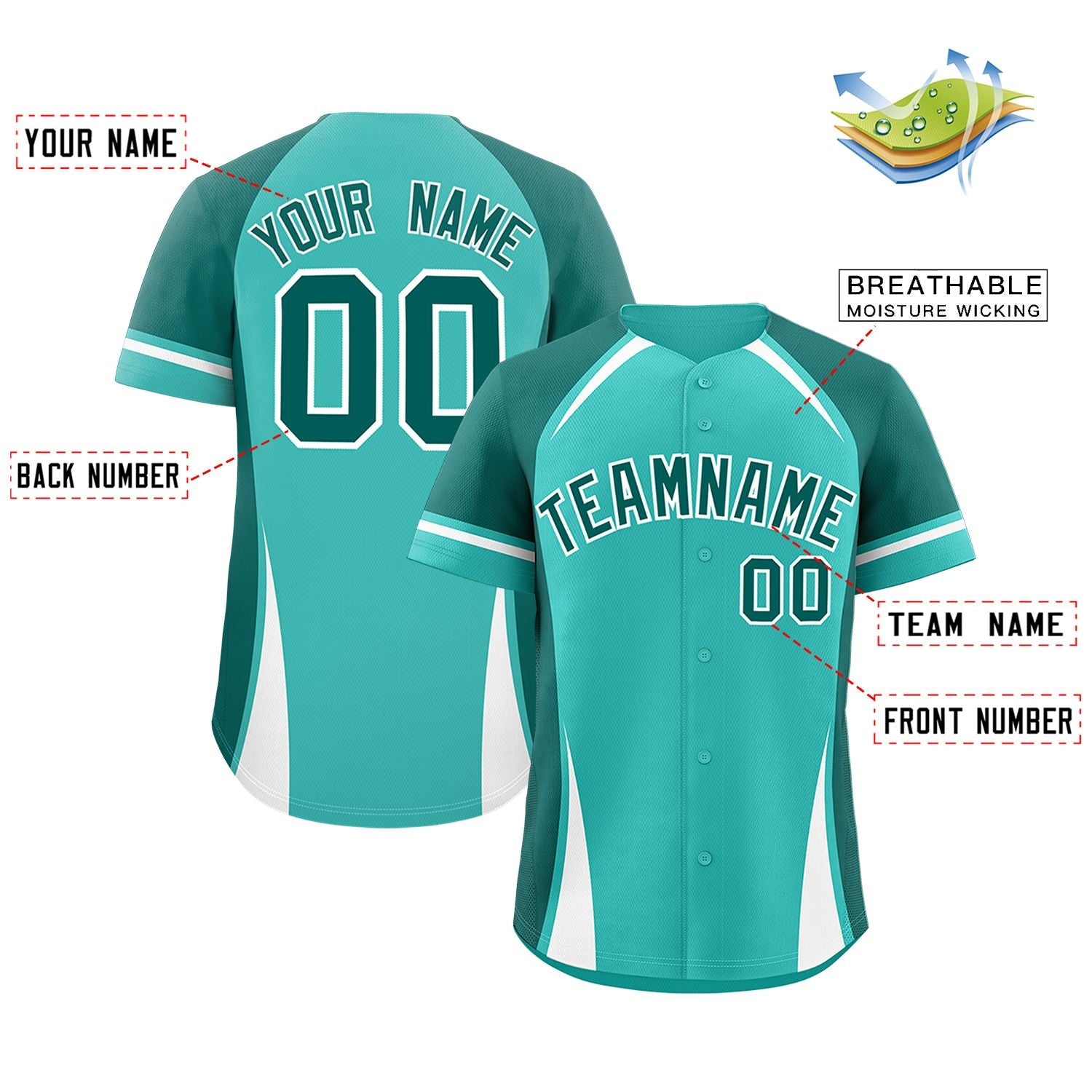 Custom Light Green Aqua-White Personalized Color Block Authentic Baseball Jersey