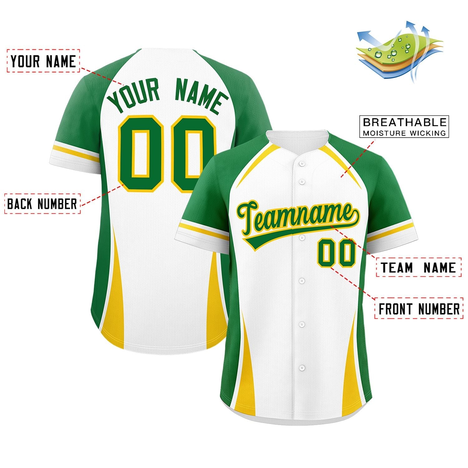 Custom White Kelly Green-Gold Personalized Color Block Authentic Baseball Jersey