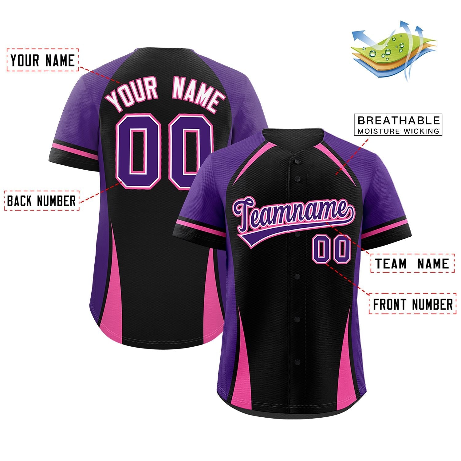 Custom Black Purple-Pink Personalized Color Block Authentic Baseball Jersey