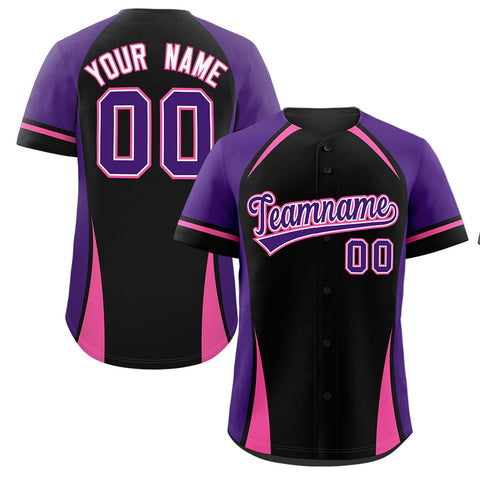 Custom Black Purple-Pink Personalized Color Block Authentic Baseball Jersey