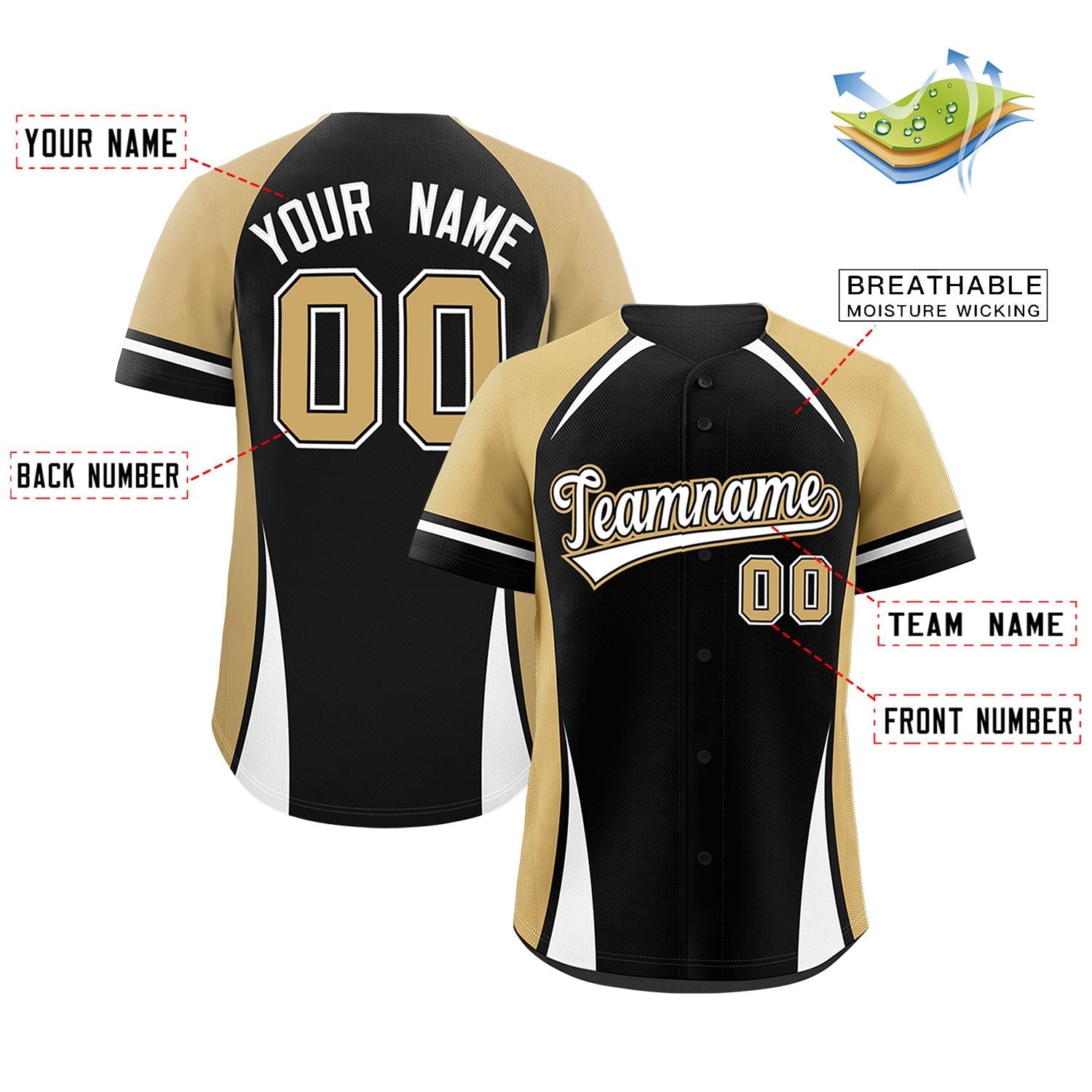 Custom Black Old Gold-White Personalized Color Block Authentic Baseball Jersey