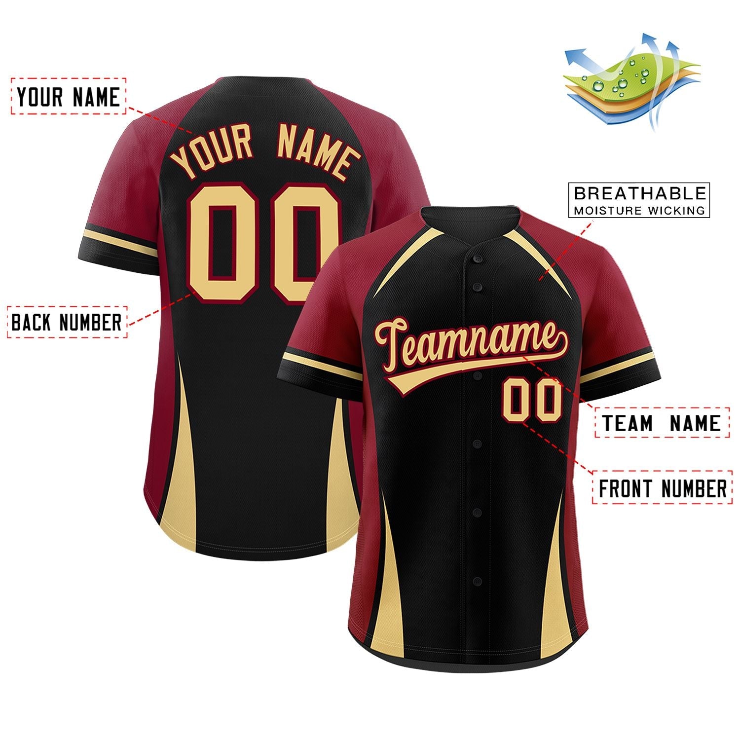 Custom Black Crimson-Khaki Personalized Color Block Authentic Baseball Jersey