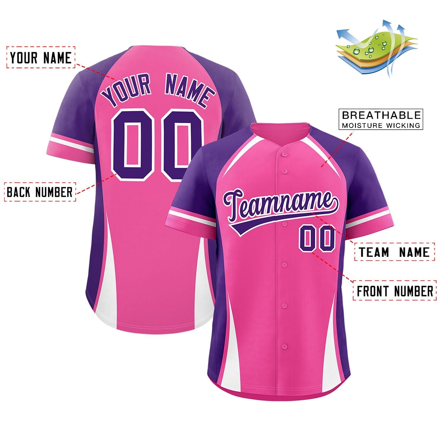 Custom Pink Purple-White Personalized Color Block Authentic Baseball Jersey