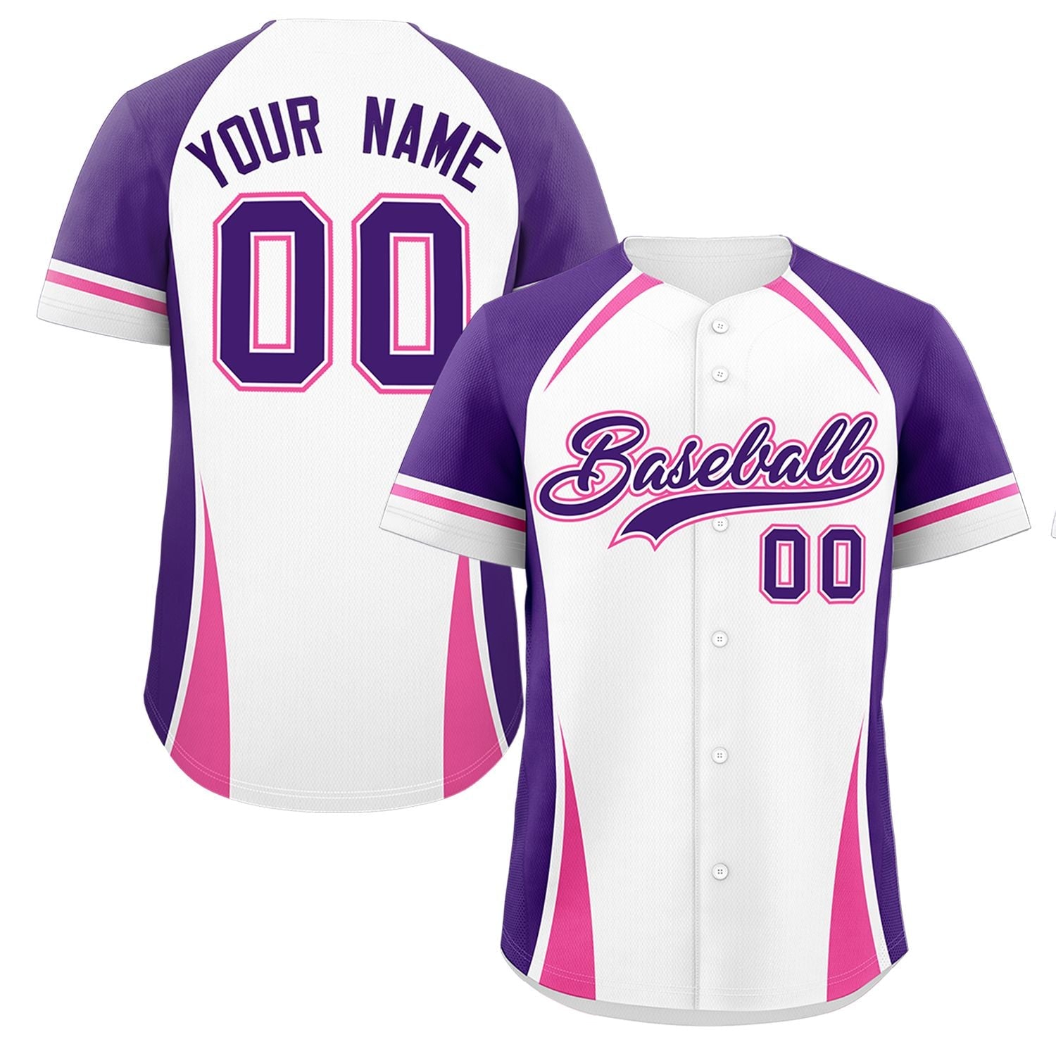 Custom White Purple-Pink Personalized Color Block Authentic Baseball Jersey