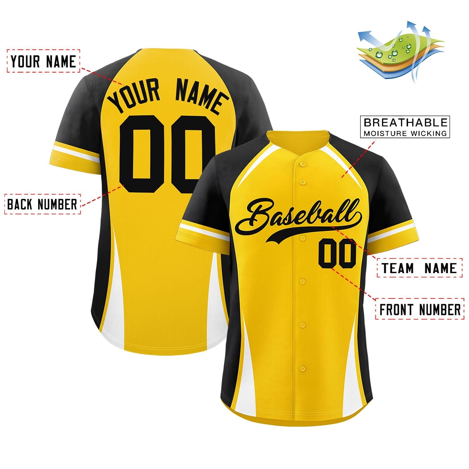 Custom Gold Black-White Personalized Color Block Authentic Baseball Jersey