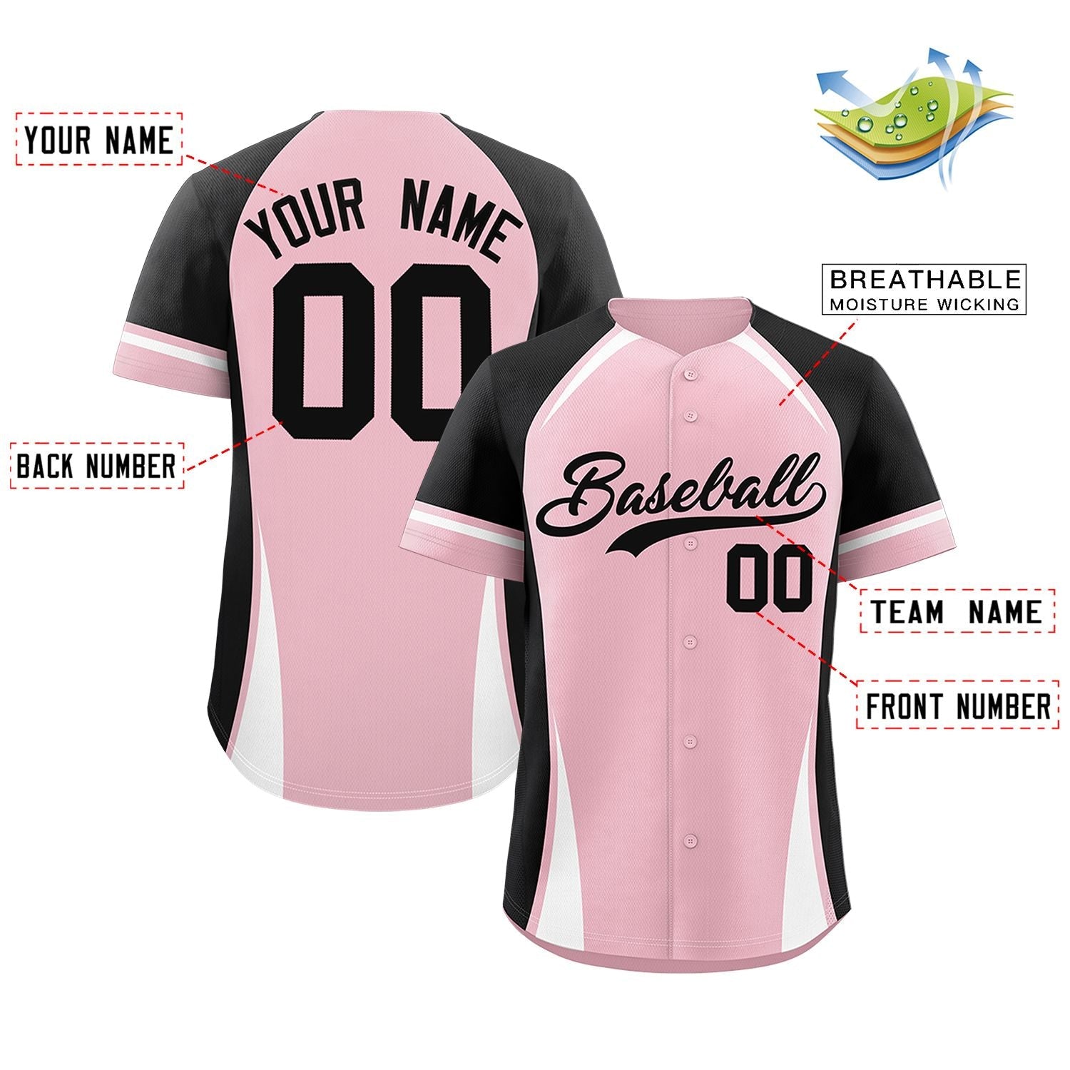 Custom Light Pink Black-White Personalized Color Block Authentic Baseball Jersey