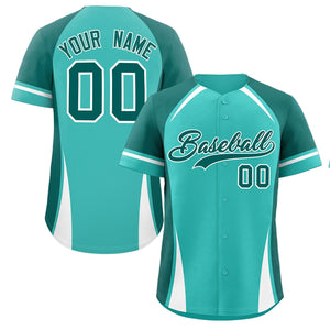 Custom Light Green Aqua-White Personalized Color Block Authentic Baseball Jersey