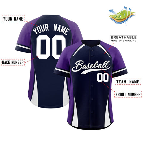 Custom Navy Purple-White Personalized Color Block Authentic Baseball Jersey