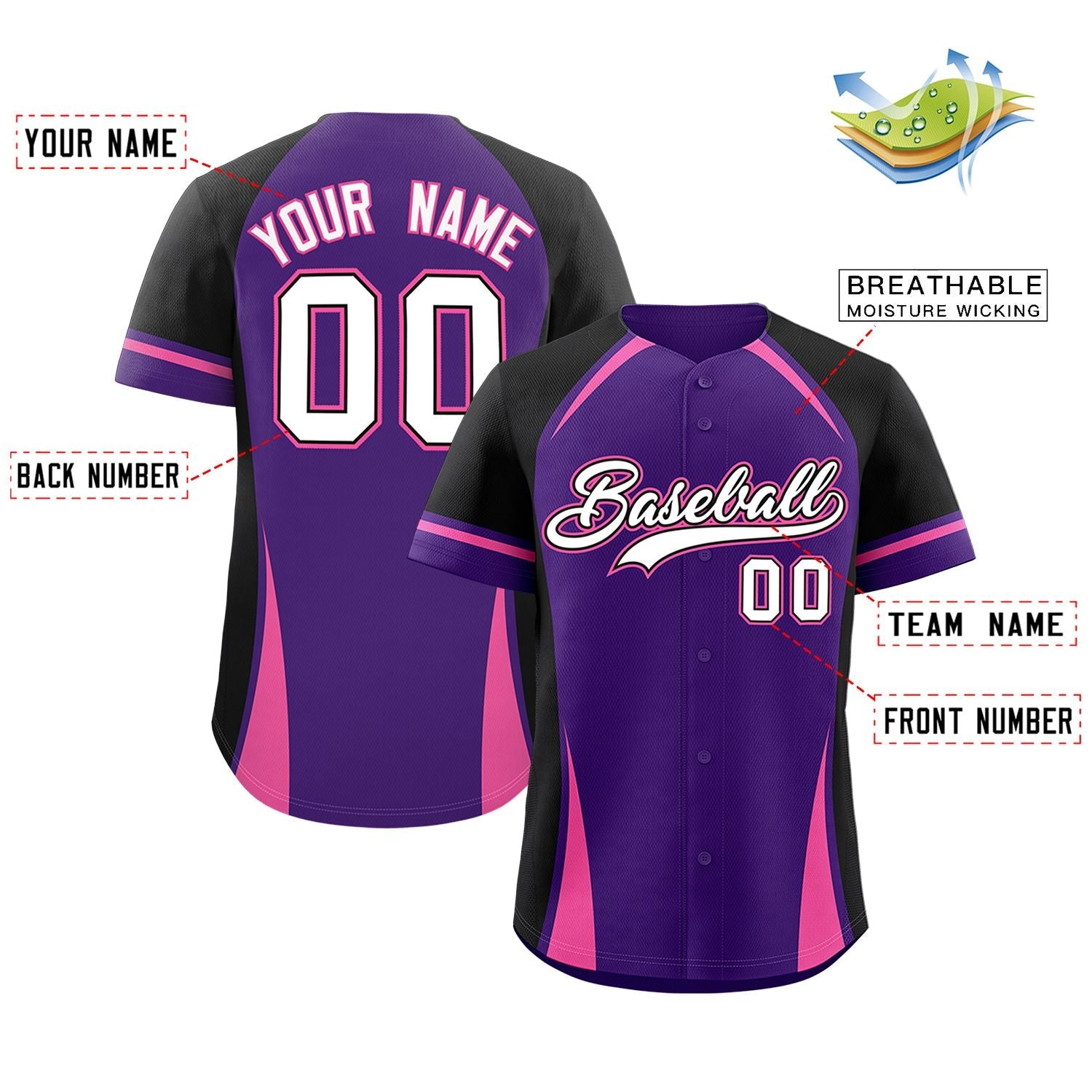 Custom Purple Black-Pink Personalized Color Block Authentic Baseball Jersey